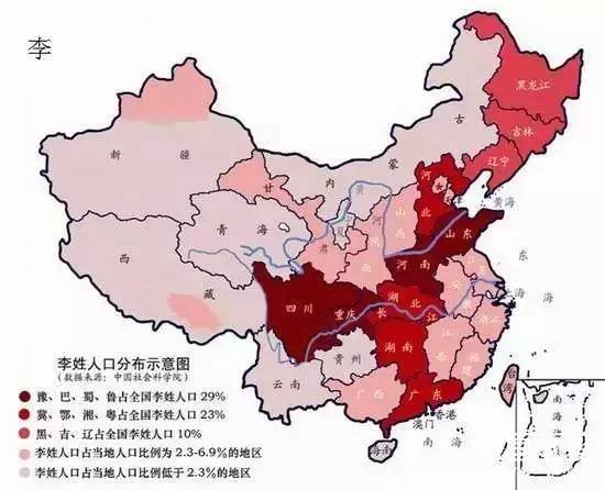19%.从地图上来看,四川,重庆,河南,山东等地都是李姓人口的集中地.图片