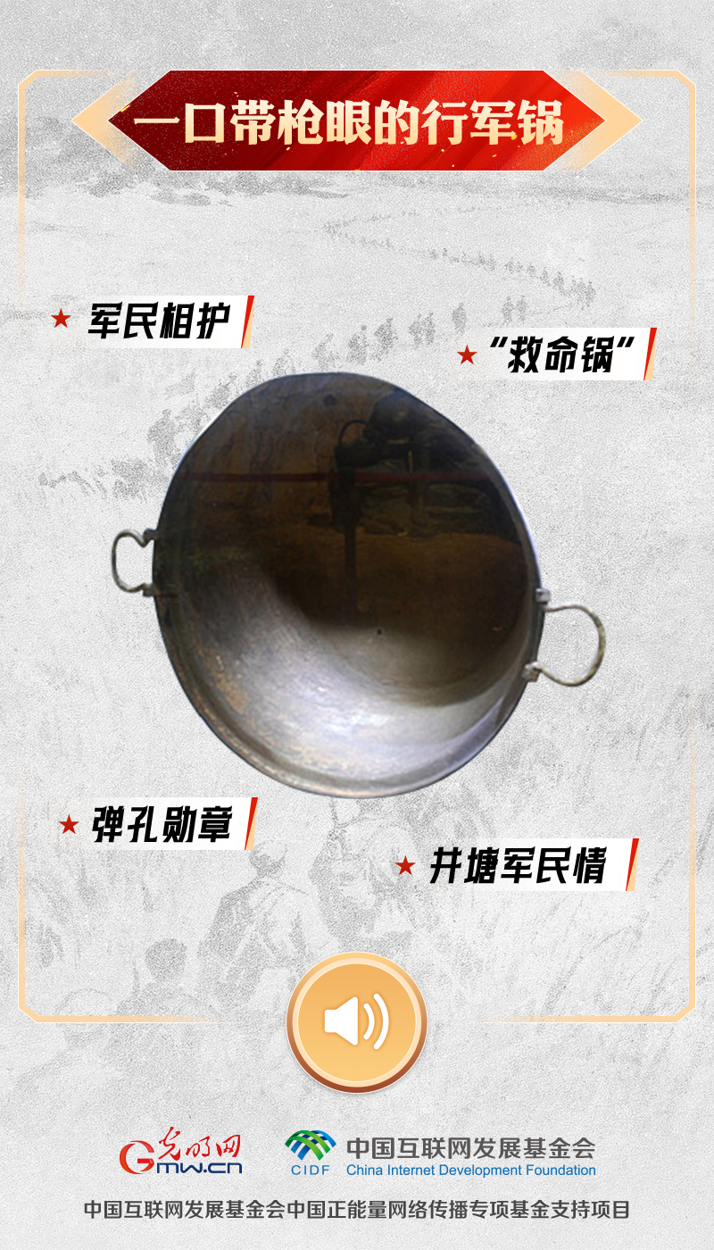 “文物会说话”有声海报|带枪眼的行军锅,藏着烽火里的双向守护 一口带枪眼的行军锅